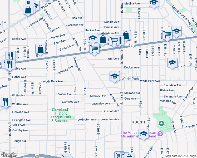 map of restaurants, bars, coffee shops, grocery stores, and more near 7400 Wade Park Avenue in Cleveland