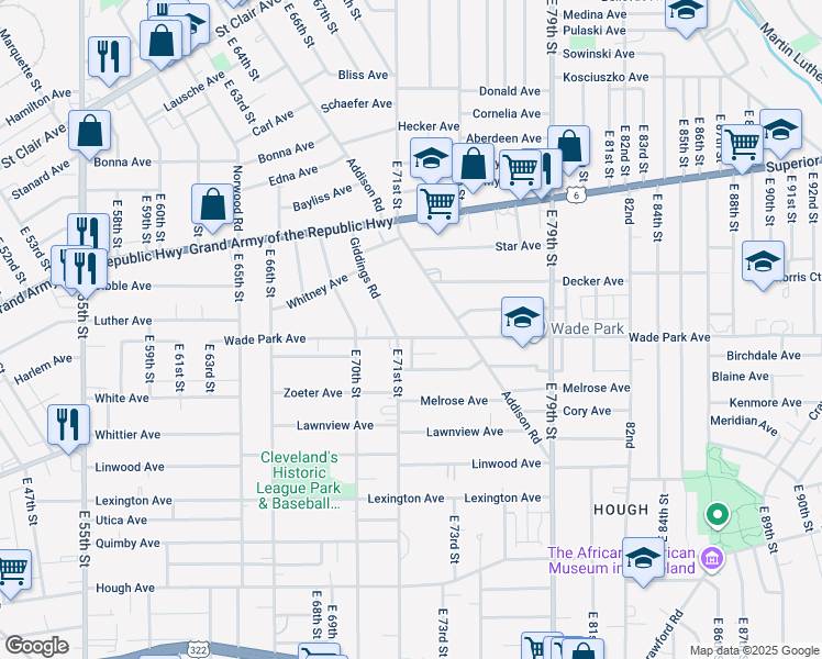 map of restaurants, bars, coffee shops, grocery stores, and more near 7200 Wade Park Avenue in Cleveland