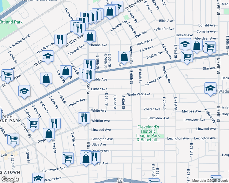 map of restaurants, bars, coffee shops, grocery stores, and more near 1407 East 61st Street in Cleveland