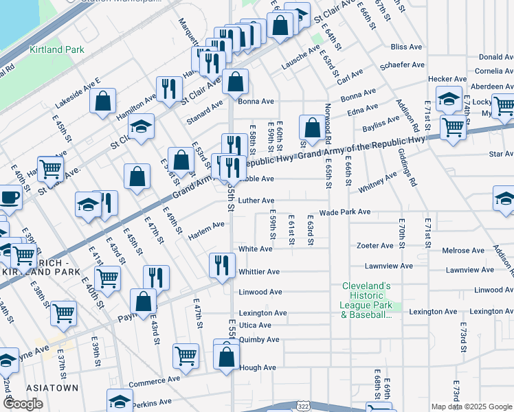 map of restaurants, bars, coffee shops, grocery stores, and more near 5517 Dorothy Court in Cleveland
