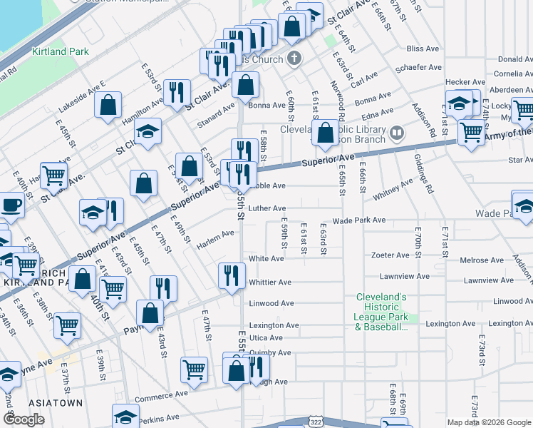 map of restaurants, bars, coffee shops, grocery stores, and more near 5517 Dorothy Court in Cleveland