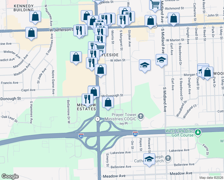 map of restaurants, bars, coffee shops, grocery stores, and more near 325 Morris Street in Joliet