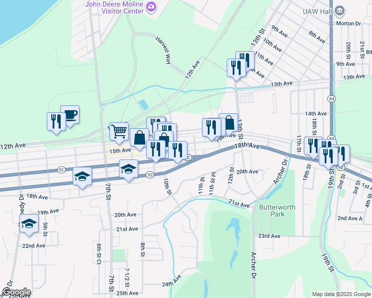 map of restaurants, bars, coffee shops, grocery stores, and more near 1025 16th Avenue in East Moline