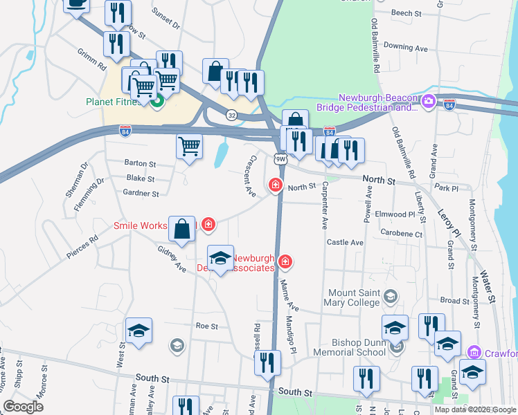 map of restaurants, bars, coffee shops, grocery stores, and more near 217 North Street in Newburgh