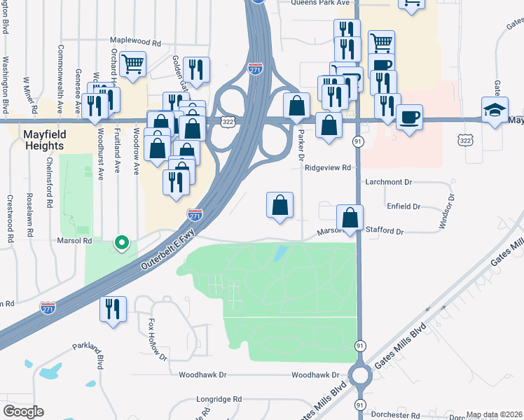 map of restaurants, bars, coffee shops, grocery stores, and more near 6503 Marsol Road in Mayfield Heights