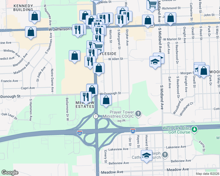 map of restaurants, bars, coffee shops, grocery stores, and more near 325 Morris Street in Joliet
