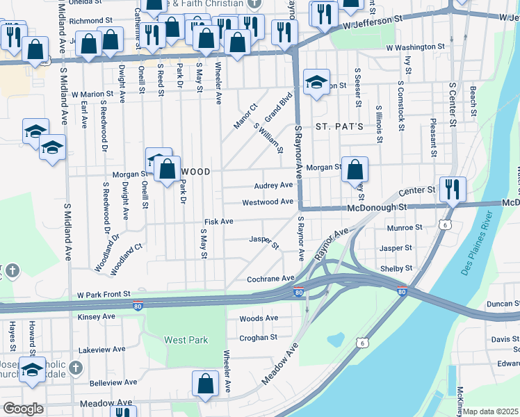 map of restaurants, bars, coffee shops, grocery stores, and more near 900 Westwood Avenue in Joliet