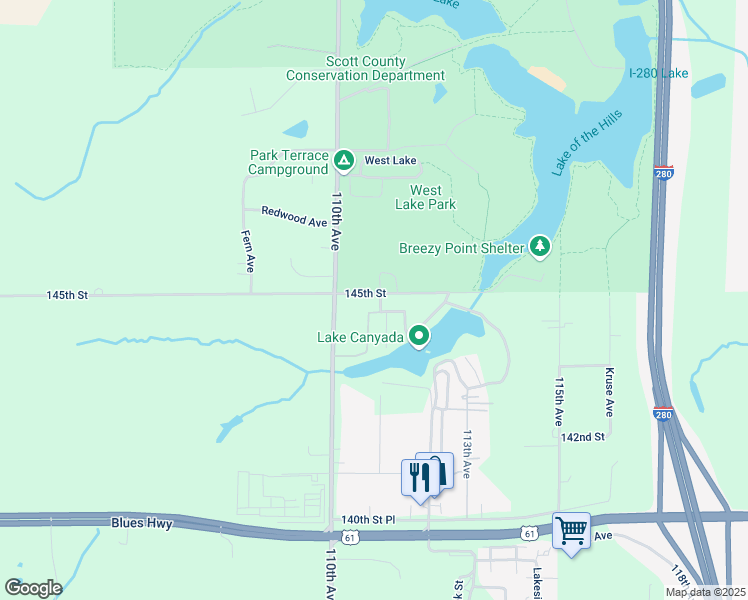 map of restaurants, bars, coffee shops, grocery stores, and more near 11115 145th Street in Davenport