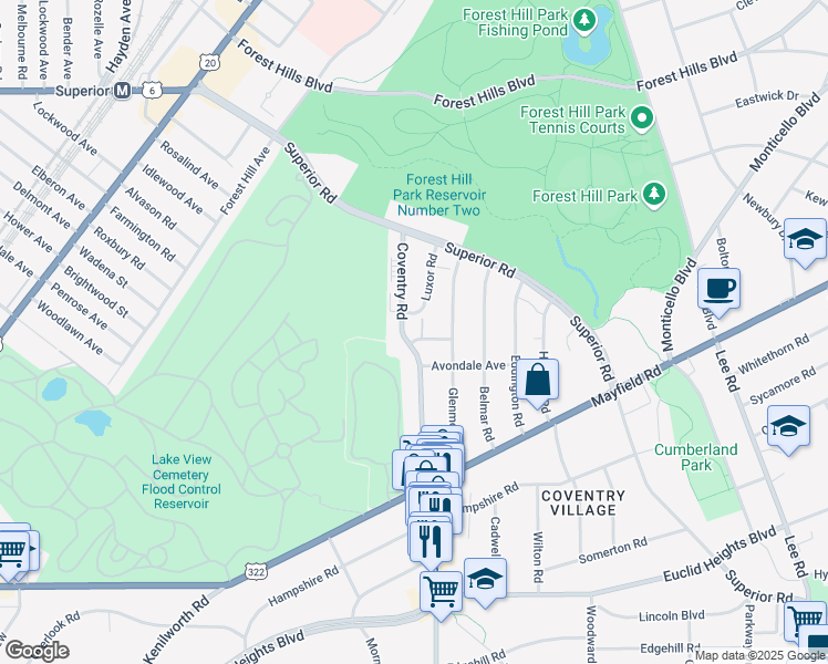 map of restaurants, bars, coffee shops, grocery stores, and more near 1581 Coventry Road in East Cleveland