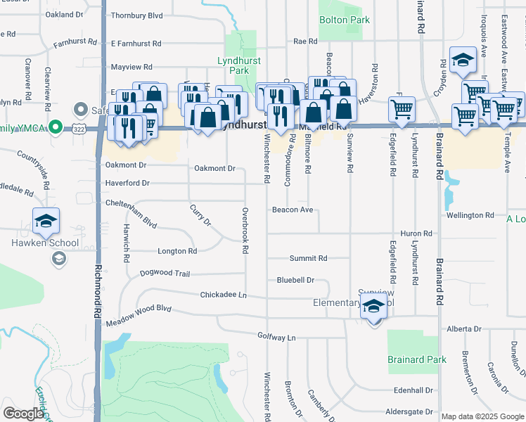 map of restaurants, bars, coffee shops, grocery stores, and more near 1608 Winchester Road in Lyndhurst