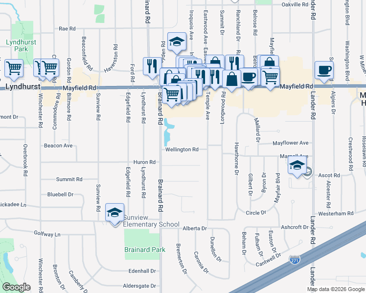 map of restaurants, bars, coffee shops, grocery stores, and more near 5704 Wellington Road in Lyndhurst