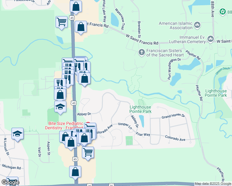 map of restaurants, bars, coffee shops, grocery stores, and more near 20545 Abbey Drive in Frankfort