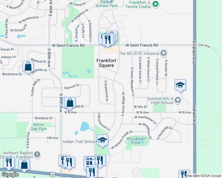 map of restaurants, bars, coffee shops, grocery stores, and more near 20561 South Driftwood Drive in Frankfort