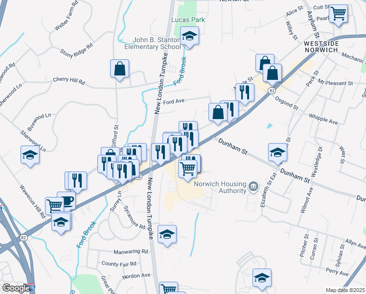 map of restaurants, bars, coffee shops, grocery stores, and more near 647 West Main Street in Norwich