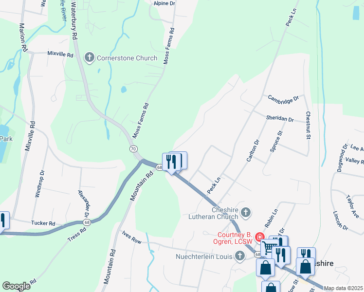 map of restaurants, bars, coffee shops, grocery stores, and more near 12 Quarry Village Road in Cheshire