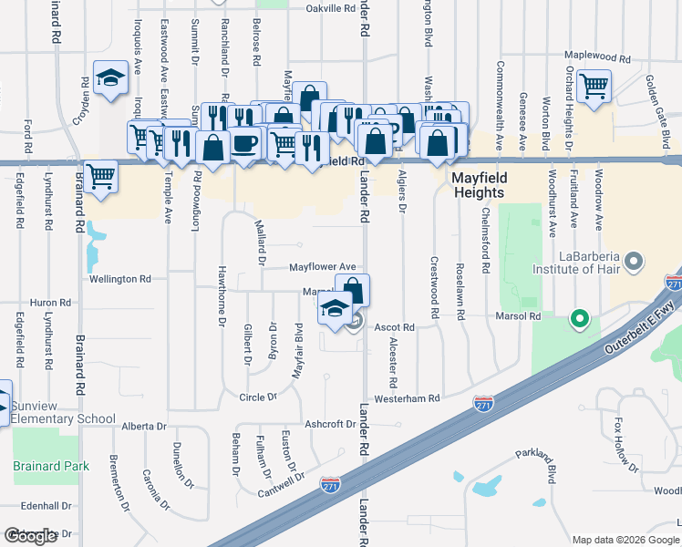 map of restaurants, bars, coffee shops, grocery stores, and more near 5959 Marnell Avenue in Mayfield Heights