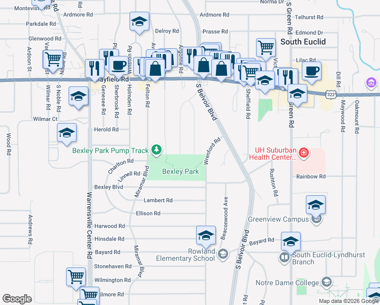 map of restaurants, bars, coffee shops, grocery stores, and more near 1630 Wrenford Road in South Euclid