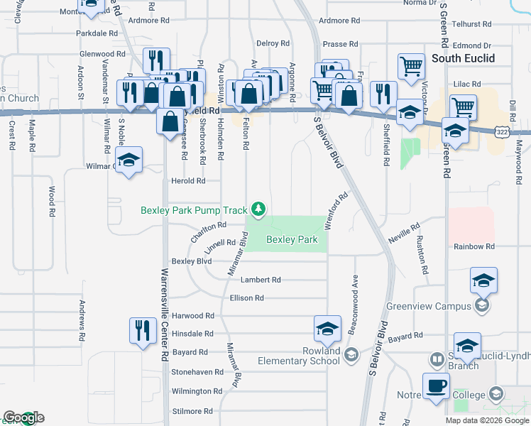 map of restaurants, bars, coffee shops, grocery stores, and more near 1630 Wrenford Road in South Euclid