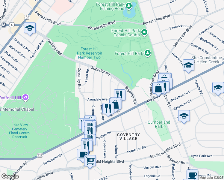map of restaurants, bars, coffee shops, grocery stores, and more near 1612 Hillcrest Road in Cleveland Heights