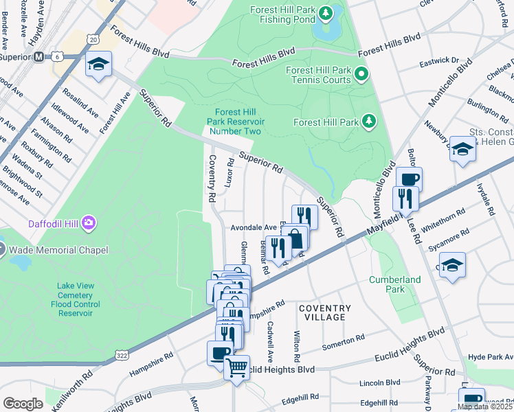 map of restaurants, bars, coffee shops, grocery stores, and more near 1609 Glenmont Road in East Cleveland
