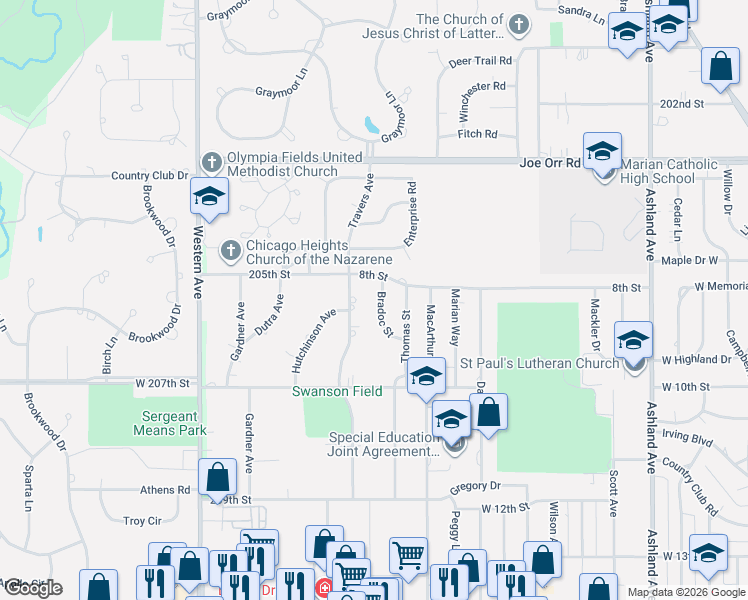 map of restaurants, bars, coffee shops, grocery stores, and more near 20539 Travers Avenue in Chicago Heights
