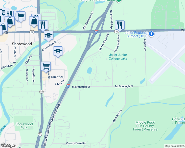 map of restaurants, bars, coffee shops, grocery stores, and more near 4321 Timber Ridge Court in Joliet