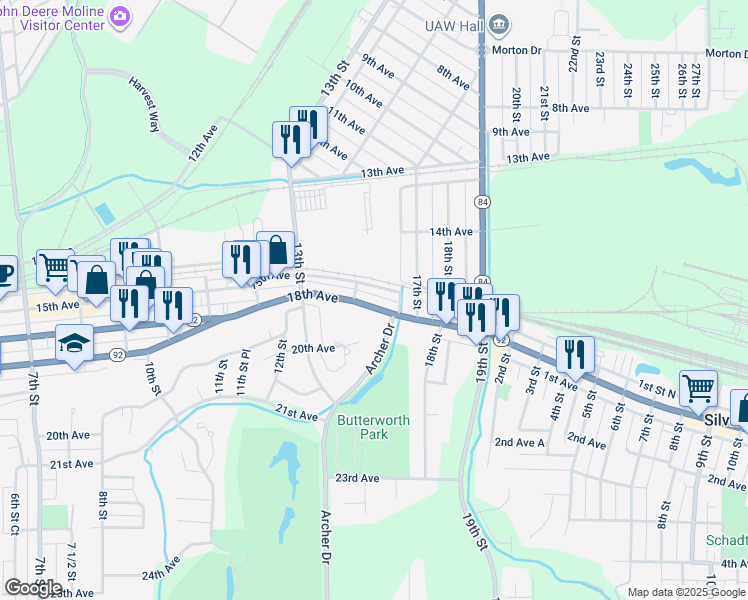 map of restaurants, bars, coffee shops, grocery stores, and more near 1421 18th Avenue in East Moline