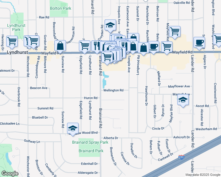 map of restaurants, bars, coffee shops, grocery stores, and more near 5667 Wellington Road in Lyndhurst