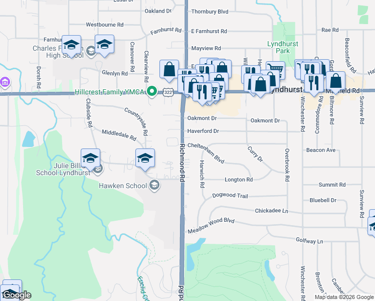 map of restaurants, bars, coffee shops, grocery stores, and more near 1632 Harwich Road in Lyndhurst
