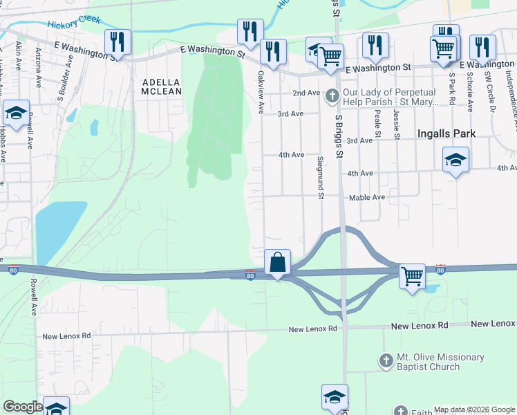 map of restaurants, bars, coffee shops, grocery stores, and more near 505 Oakview Avenue in Joliet