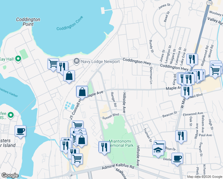 map of restaurants, bars, coffee shops, grocery stores, and more near Maple Ave & Ranger Rd in Newport