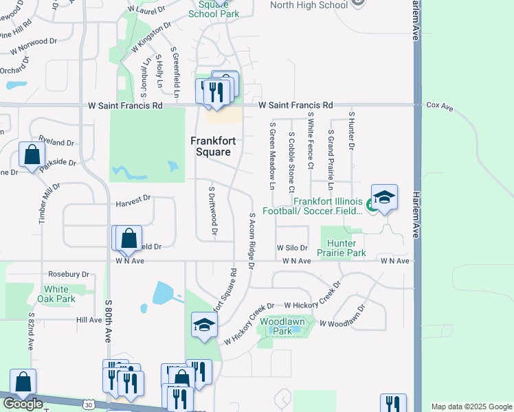 map of restaurants, bars, coffee shops, grocery stores, and more near 20543 South Acorn Ridge Drive in Frankfort