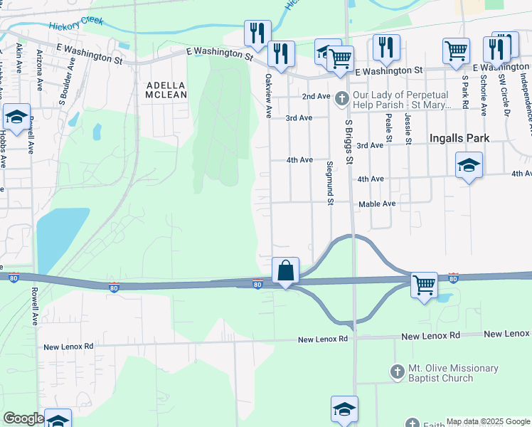 map of restaurants, bars, coffee shops, grocery stores, and more near 505 Oakview Avenue in Joliet