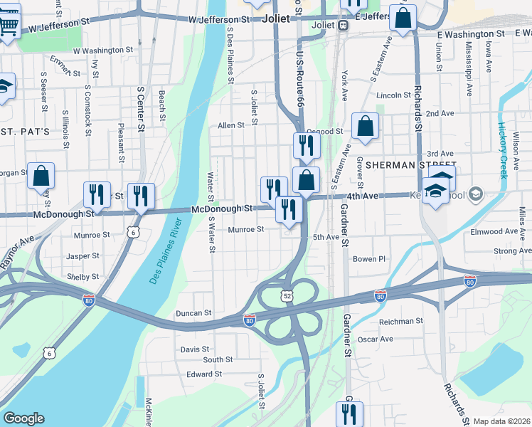 map of restaurants, bars, coffee shops, grocery stores, and more near 415 South Ottawa Street in Joliet