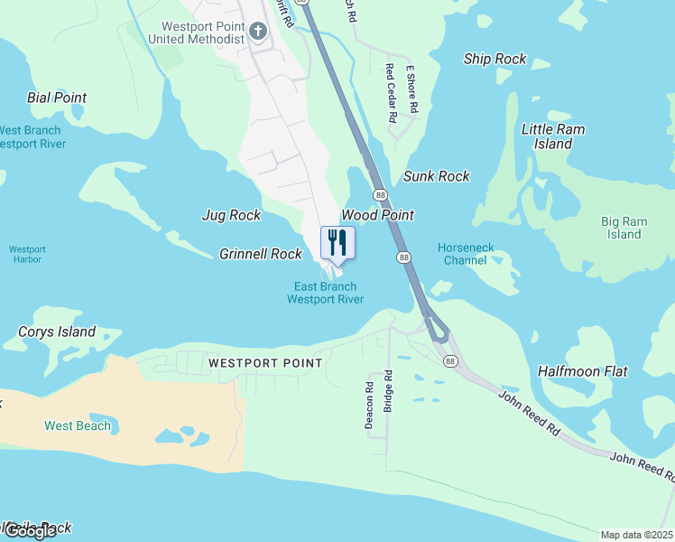 map of restaurants, bars, coffee shops, grocery stores, and more near 2065 Main Road in Westport
