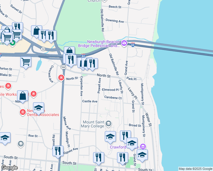 map of restaurants, bars, coffee shops, grocery stores, and more near 5 Central Avenue in Newburgh