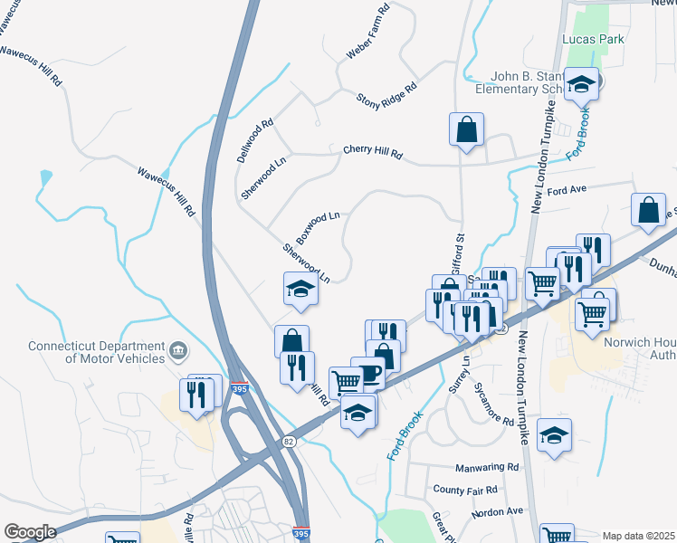 map of restaurants, bars, coffee shops, grocery stores, and more near 64 Sherwood Lane in Norwich
