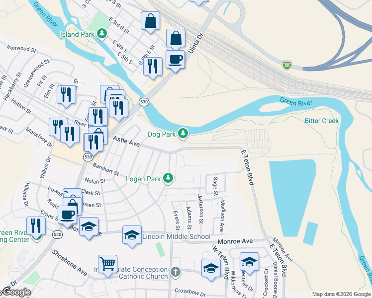map of restaurants, bars, coffee shops, grocery stores, and more near 132 Mountain Fuel Station in Green River