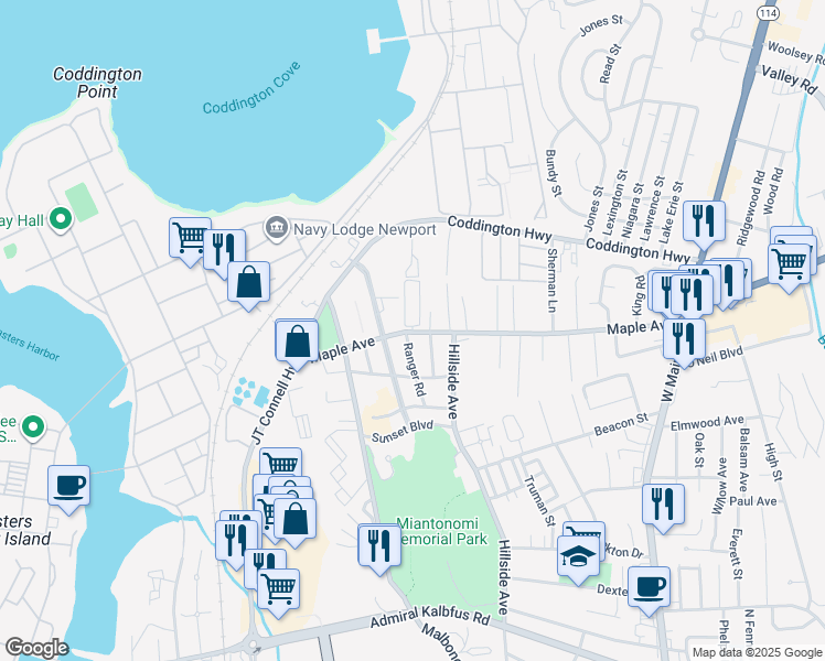 map of restaurants, bars, coffee shops, grocery stores, and more near 12 Ranger Road in Newport