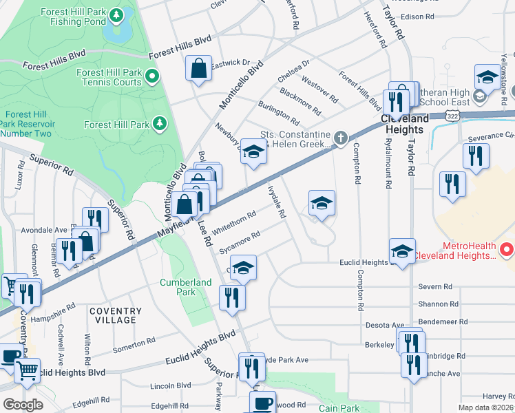 map of restaurants, bars, coffee shops, grocery stores, and more near 3186 Whitethorn Road in Cleveland Heights