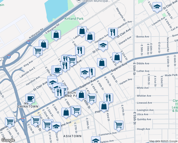 map of restaurants, bars, coffee shops, grocery stores, and more near 1435 East 43rd Street in Cleveland