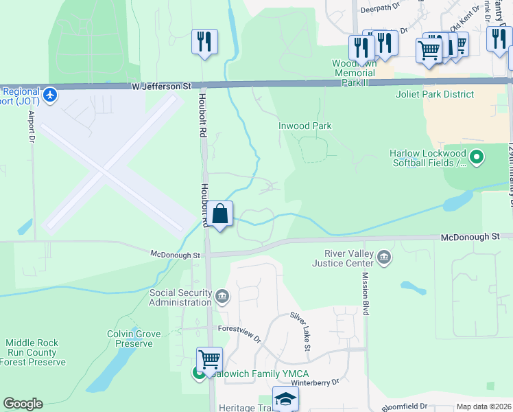 map of restaurants, bars, coffee shops, grocery stores, and more near 46 Coventry Chase in Joliet