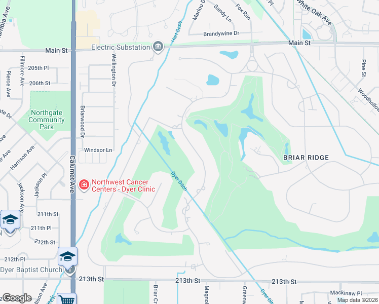 map of restaurants, bars, coffee shops, grocery stores, and more near 836 Killarney Drive in Dyer