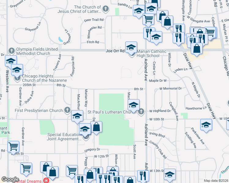 map of restaurants, bars, coffee shops, grocery stores, and more near 440 8th Street in Chicago Heights