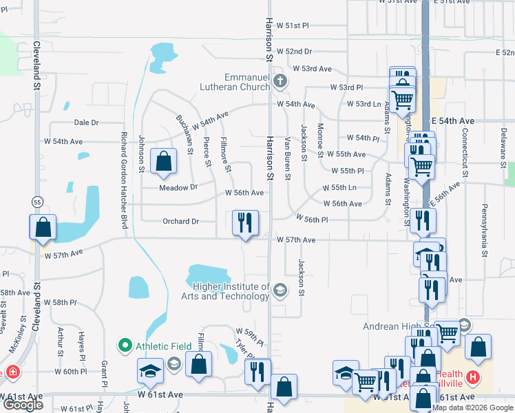 map of restaurants, bars, coffee shops, grocery stores, and more near 825 West 56th Place in Merrillville