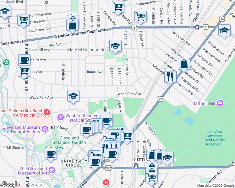 map of restaurants, bars, coffee shops, grocery stores, and more near Wade Park Avenue & East 118th Street in Cleveland