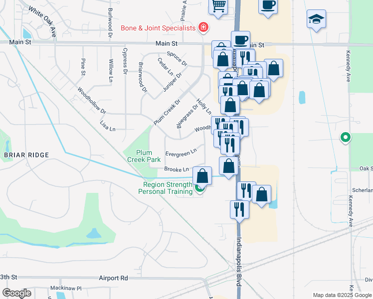 map of restaurants, bars, coffee shops, grocery stores, and more near 940 Evergreen Lane in Schererville