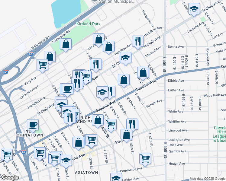 map of restaurants, bars, coffee shops, grocery stores, and more near 1430 East 45th Street in Cleveland