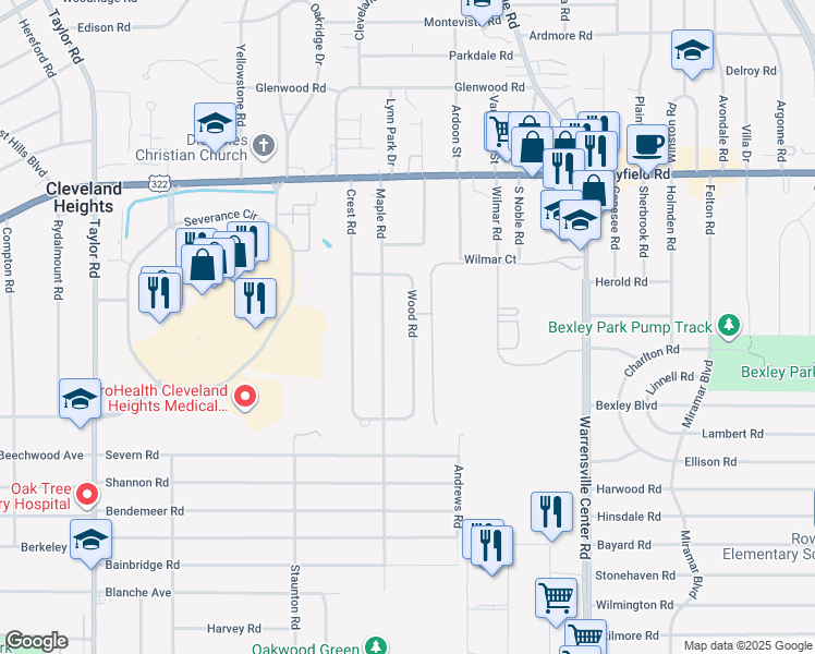 map of restaurants, bars, coffee shops, grocery stores, and more near 1602 Wood Road in Cleveland Heights