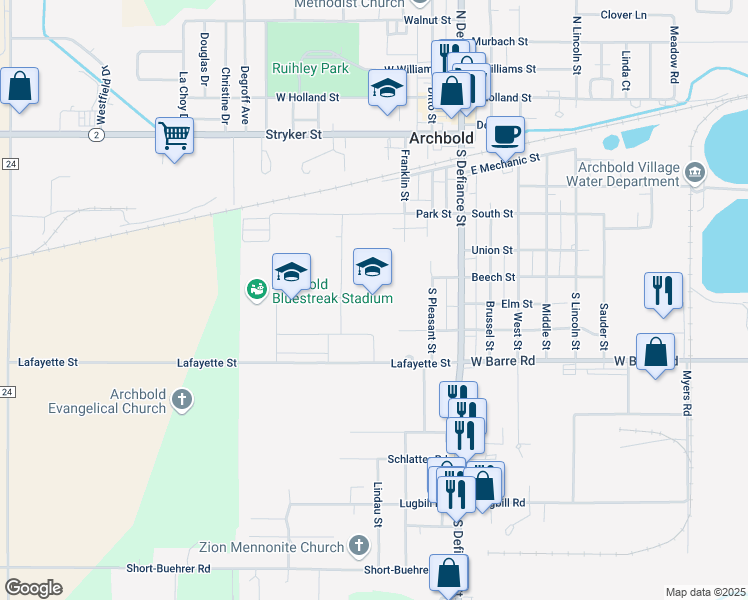 map of restaurants, bars, coffee shops, grocery stores, and more near 500 Lafayette Street in Archbold